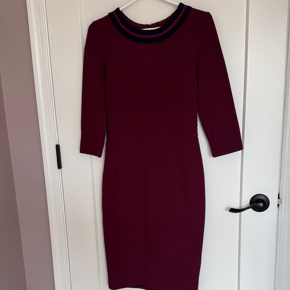 Boden Burgundy Long Sleeve Dress with Navy Trim